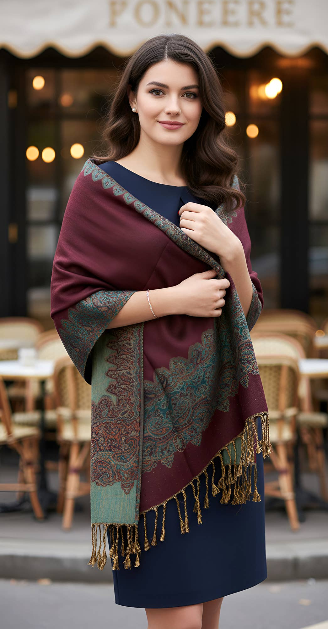 SERENITA - Wholesale Scarf - Women's - Pashmina Scarf Paisley Border Reversible Wrap Wedding Shawl3