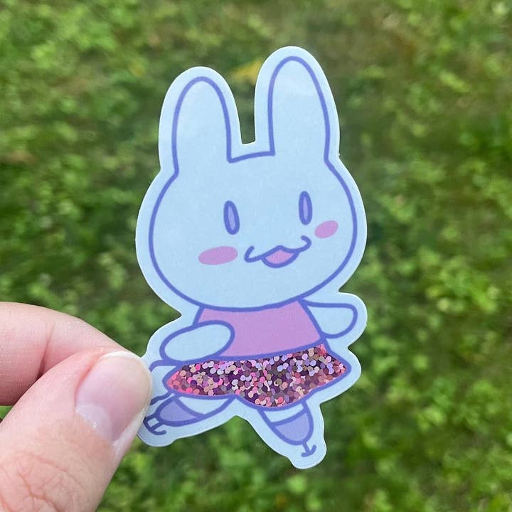 Figure Skating Bunny Glitter Waterproof Sticker for wholesale by Courtney Elizabeth Studio