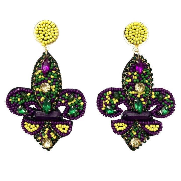 Fleur De Lis Mardi Gras Seed Bead Earrings for wholesale by Lunar Deer