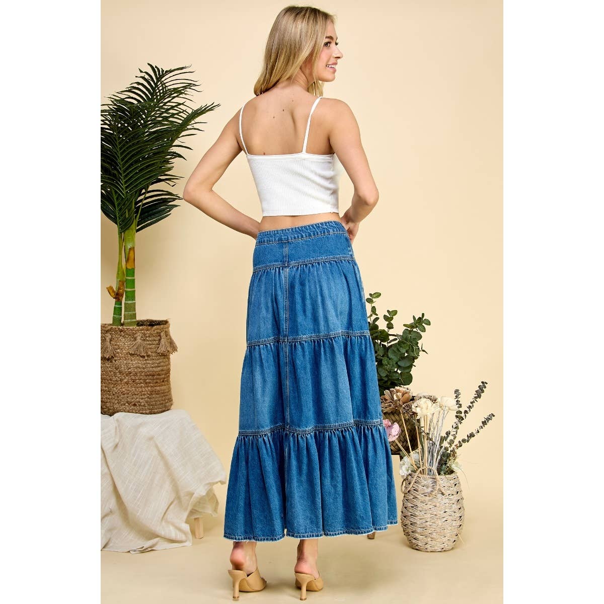 Med Wash Front Button 3 tiered Denim Skirt for wholesale on Faire11