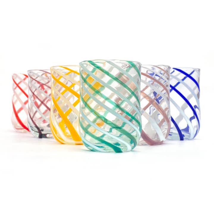 Mazzega Art & Design - Wholesale Drinking Glass/Cup - 6 Hand-Blown and Handcrafted Cylinder Glasses with Murano Sticks - The Colors of Murano - CILINDRO SPIRAL 350 ml.