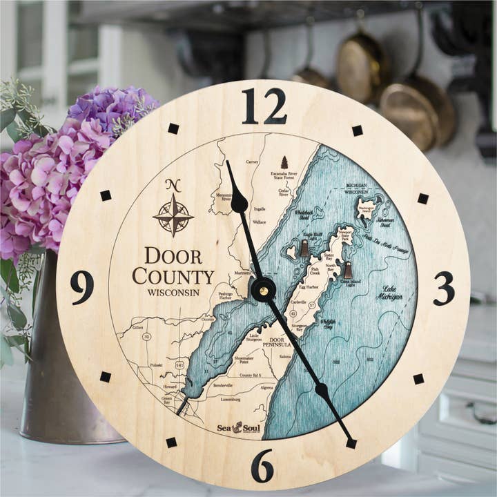 Sea & Soul Nautical Chart Art - Wholesale Wall Clock - Door County Nautical 3D Wood Map Wall Clock - 4 Sizes
