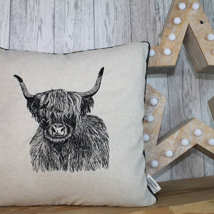 Lizzie Dixon Designs – wholesale Throw pillow cover – Highland Cow Cushion, Cream Taupe Cushion. Cushion Cover, Piped Cushion British Wildlife collection.