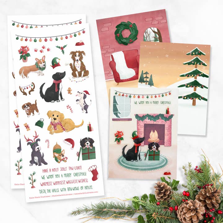 Cartes autocollantes de Noël à faire soi-même - Chiens pour la vente par Katie Stack Illustrates