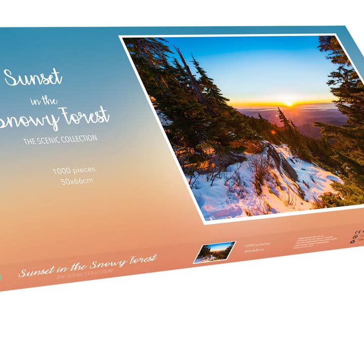 Solnedgang i snedækket skov 1000 brik puslespil for engroshandel hos All Jigsaw Puzzles