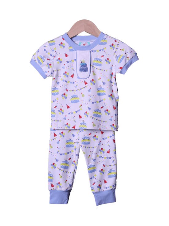 French Knot Happy Birthday Blue Short Sleeve Pajamas for wholesale by The Smocked Flamingo