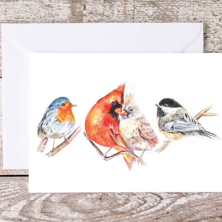 Song Birds Card; Robin, Cardinal, Chickadee watercolor for wholesale by Art Reflects Light