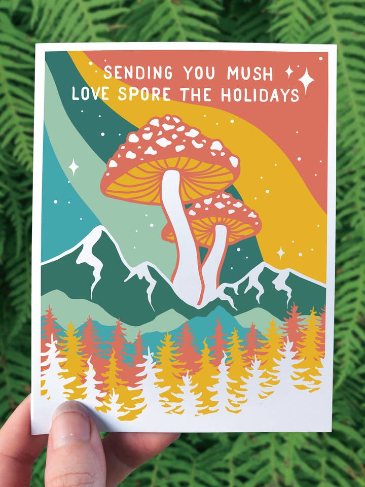 Mushroom Mountain - Holiday Card - Solstice Pun PNW Magic for wholesale by Crafted from Scratch
