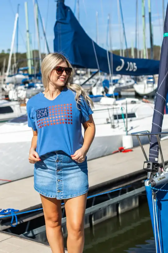 Blue The Lacey Mid-Wash Denim Skort for wholesale on Faire7