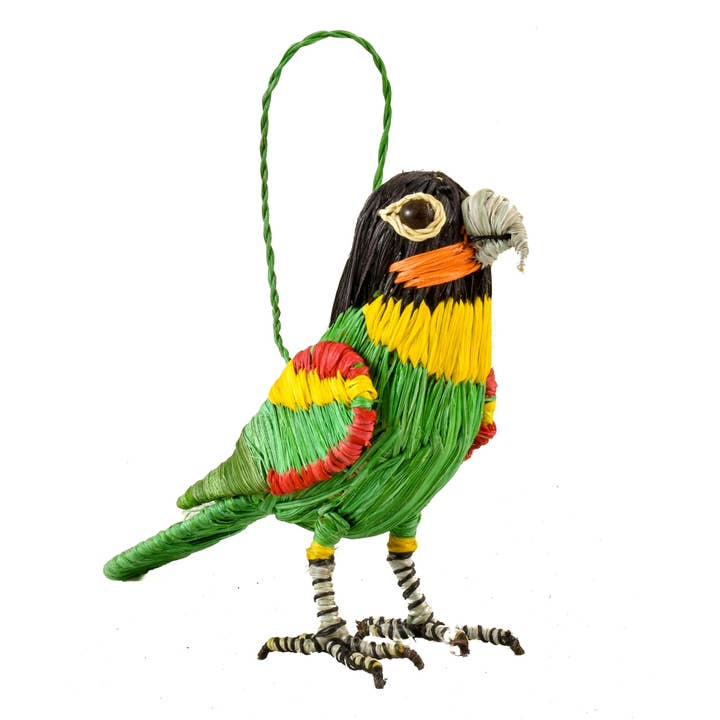 Orange cheeked parrot - woven bird ornament - handmade by a Peruvian Amazon artisan for wholesale by Amazon Ecology