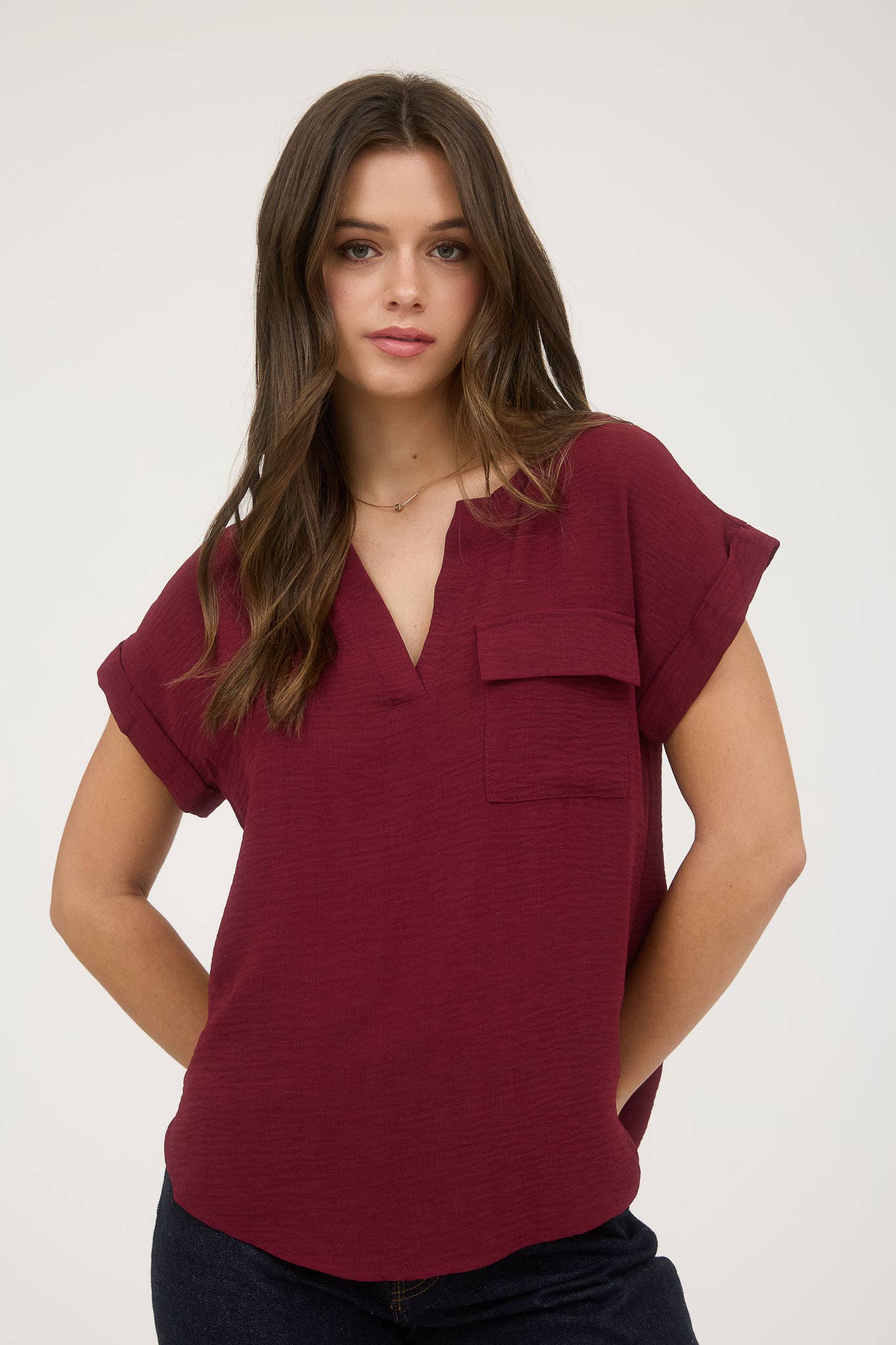 Blu Pepper - Wholesale Blouse - Women's - SPLIT NECK BACK BUTTON SHORT FOLD SLEEVE BLOUSE10