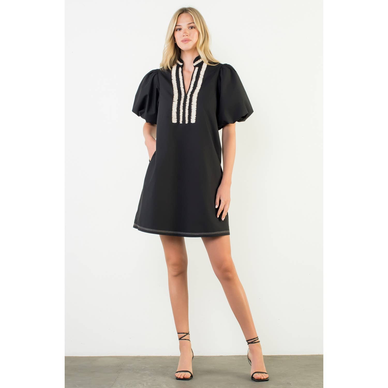 BLACK Puff Sleeve Embroidered Textured Dress for wholesale on Faire6