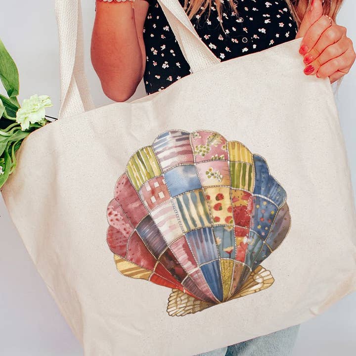 Natural q Faux Patchwork Seashell Canvas Jumbo Tote for wholesale on Faire0