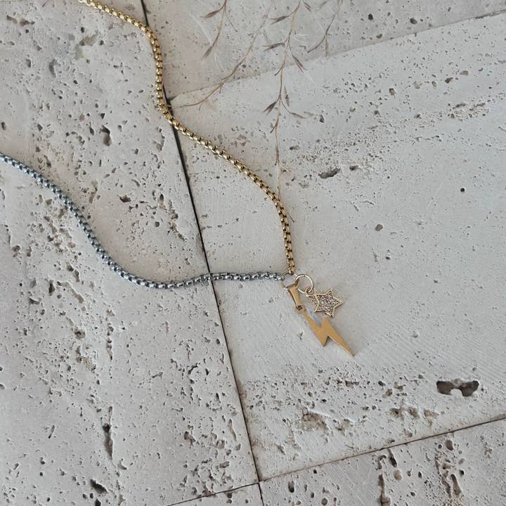 Amady Jewelry - Wholesale Pendant/Charm Necklace - Thunder and star charm pendant necklace two tone silver gold9