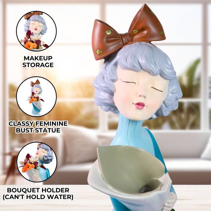 Accent Collection - Wholesale Vase - Cute Female Bust Statue and Storage, Bud Vase, Bouquet Holder, Bedroom, Dresser Decor Vanity Table Organizer, Makeup Storage, Ladies Gift Multicolor Polyresin 15 inch 37 cm