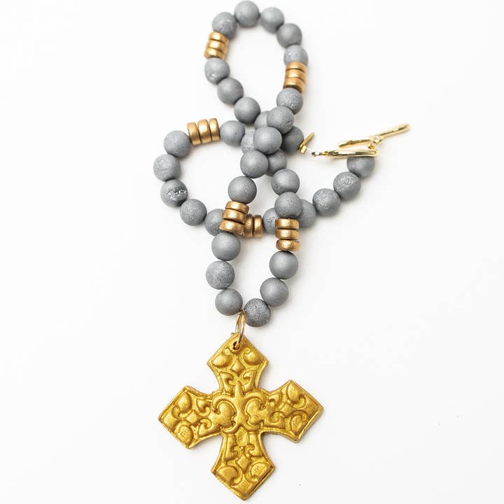 18" Silver Druzy Agate with Elaina Cross for wholesale by Hidden Truth Jewelry