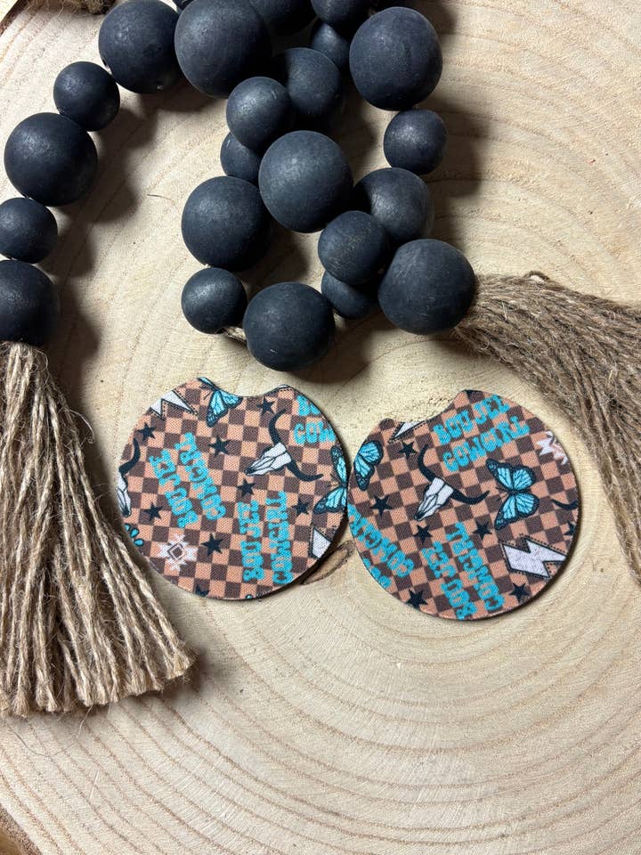 Boujee Cowgirl Brown Checkered Car Coasters for wholesale by Pink August