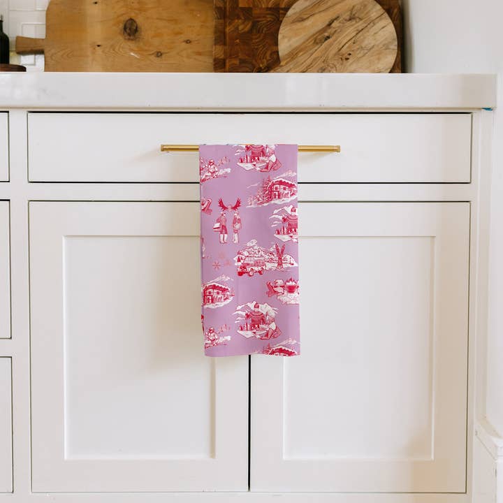 Cranberry Light Blue Aprés Ski Toile Tea Towel Set for wholesale on Faire2