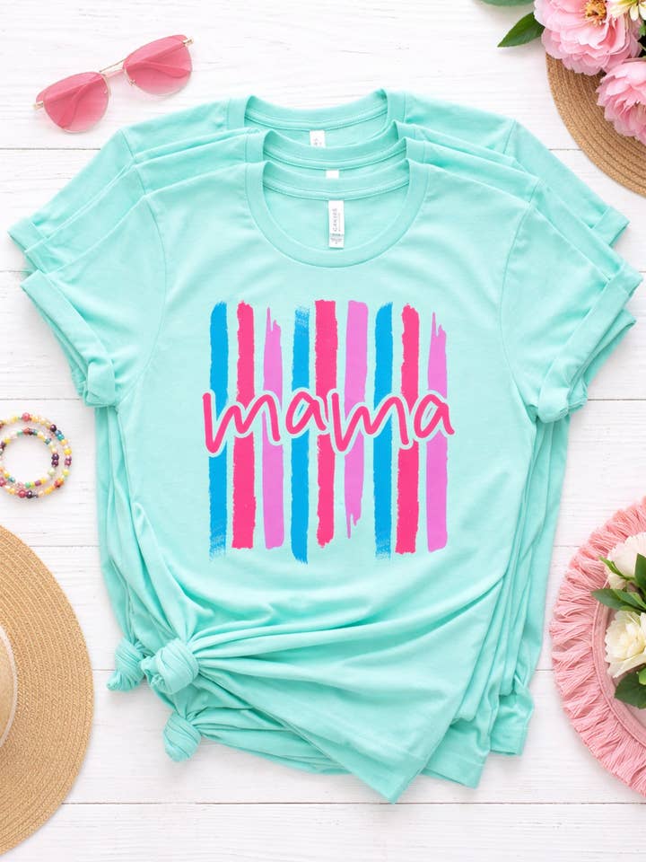 Mama Retro Stripe Tee – Bright + Fun Graphic Tee for wholesale by Rust + Stitch