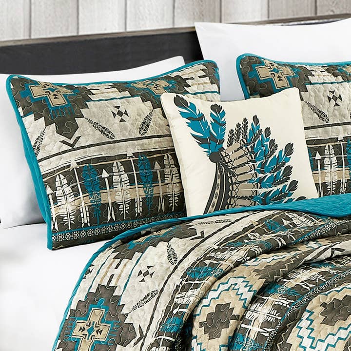 Linen Mart - Wholesale Bedding Set - Southwestern Tan Turquoise Feather Aztec Quilt - 5 Piece Set5