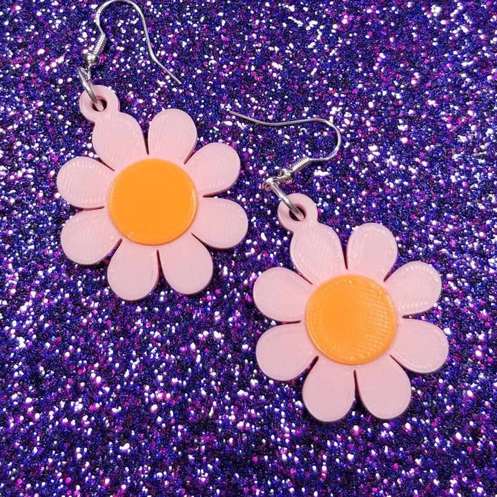 Pink Groovy Mod Flower Retro Statement Earrings 3D Printed for wholesale by Printy Vibes