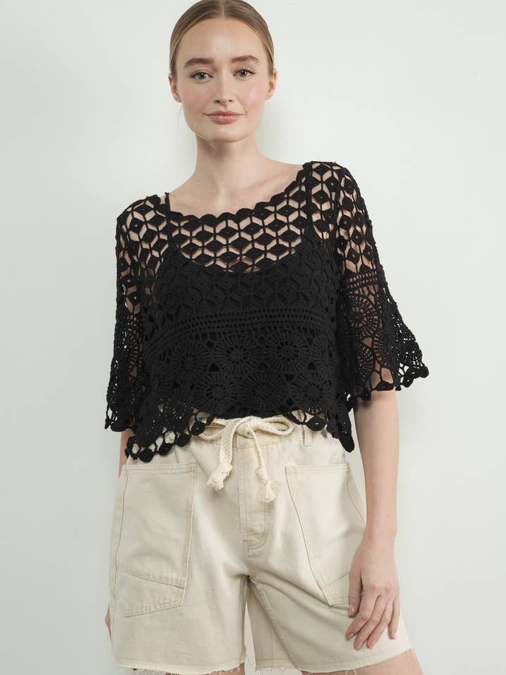 TOP DE MANGAS CURTAS EM CROCHÉ MAT3235 por atacado de Aaron & Amber