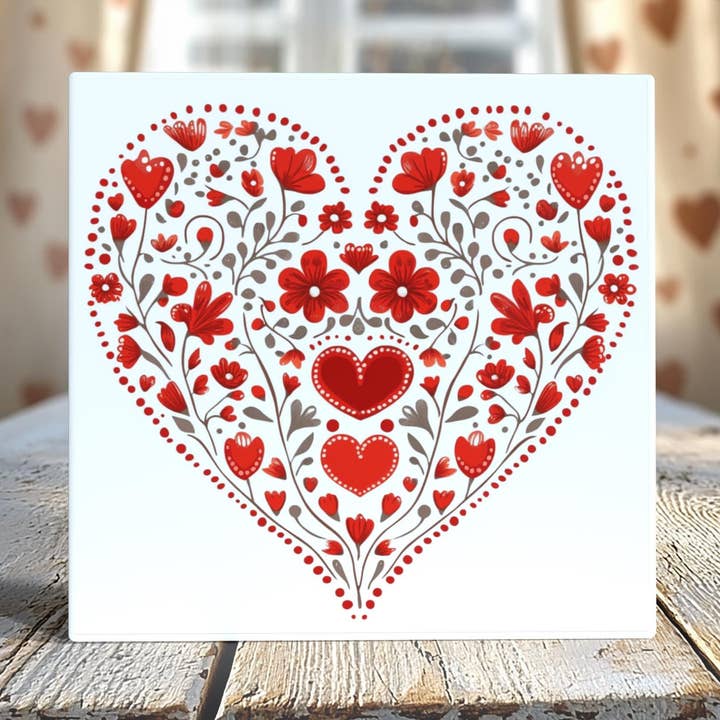 Floral Heart Folk Art Tile - 4-Inch or 6-Inch | Peeping Tom’s Cottage for wholesale by Peeping Tom's Cottage