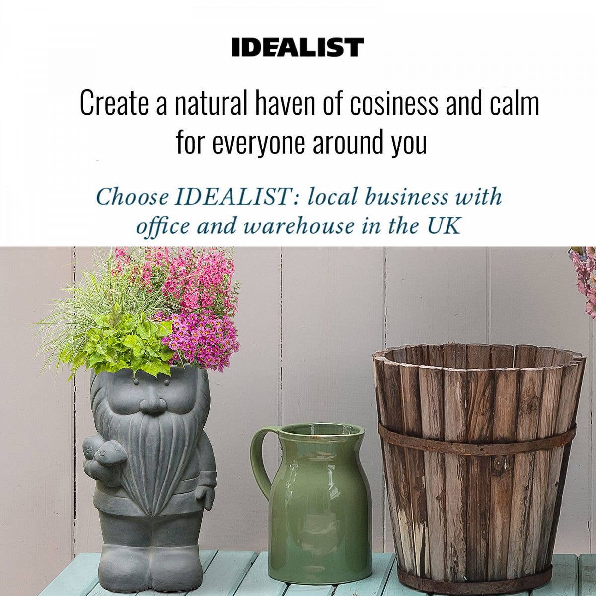 Grey IDEALIST Gnome with Mushrooms Oval Outdoor Plant Pot for wholesale on Faire5