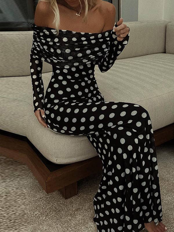 PRETO Vestidos maxi maxi de mangas compridas com plissado e bolinhas para venda a revendedores na Faire4