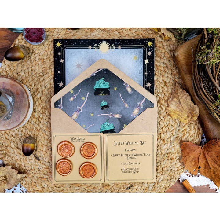 Wings of Fantasy - Wholesale Stationery/Notecard Set - Vintage Style Gothic Witch Letter Writing Set| Black Cat Witches Cauldron Stationery Set| Art Nouveau Style Celestial Witch Stationery