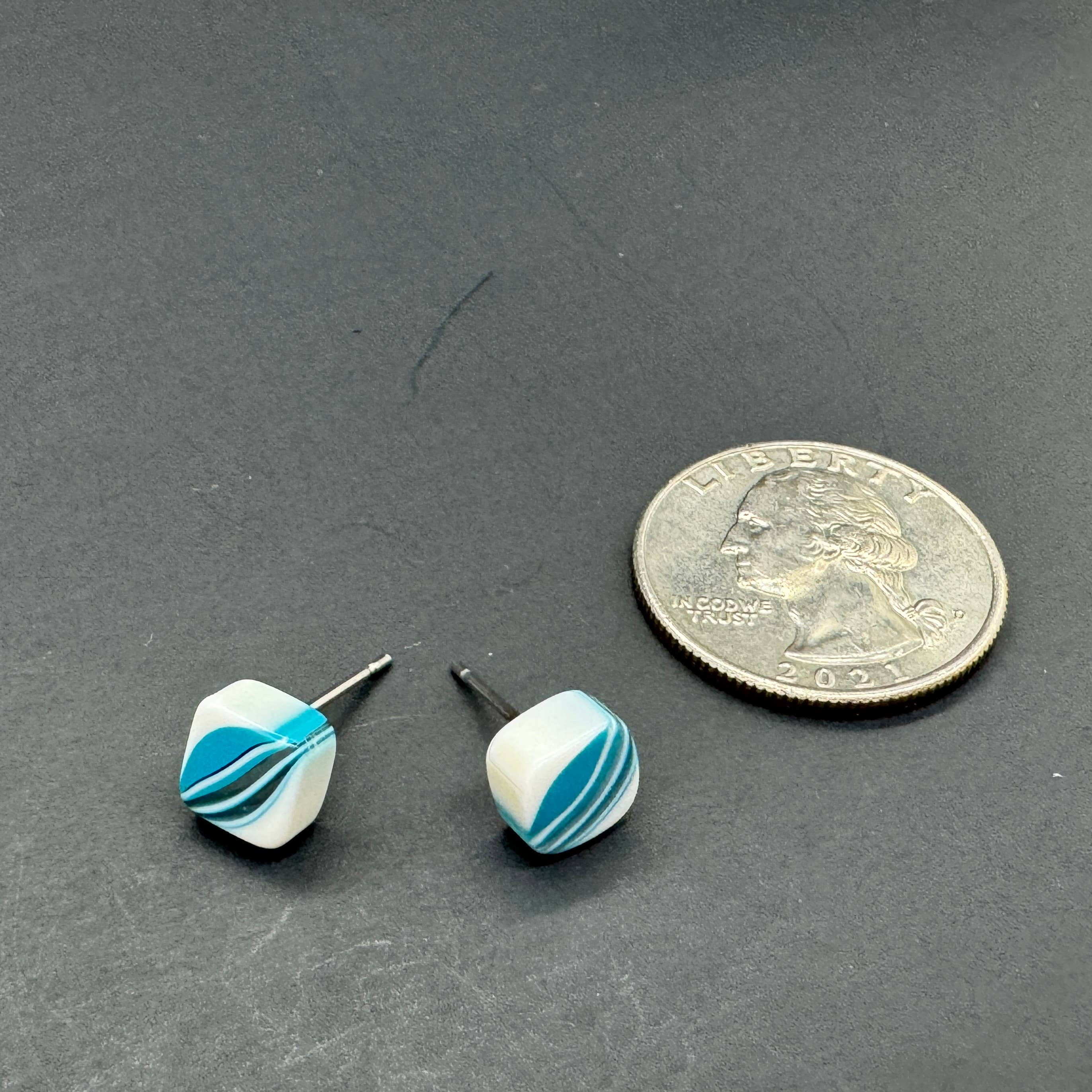 Leetie Lovendale - Wholesale Stud/Post Earrings - Aqua Blue & White Striped Square Cane Slice Stud Earrings5