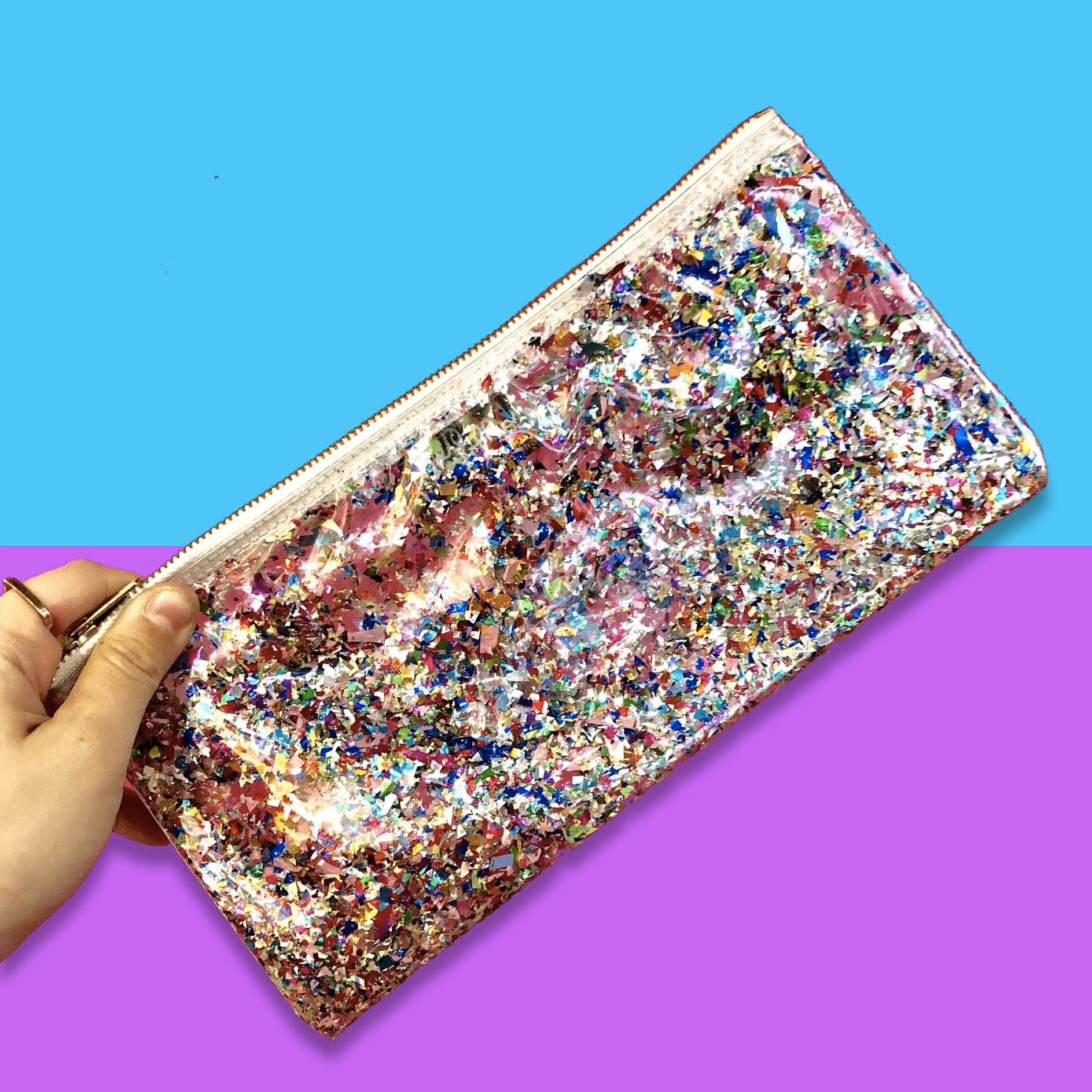 Julie Mollo! – wholesale Clutch bag – women's – Clear Rainbow Confetti Clutch – Fun, Sparkly, and Stylish!6