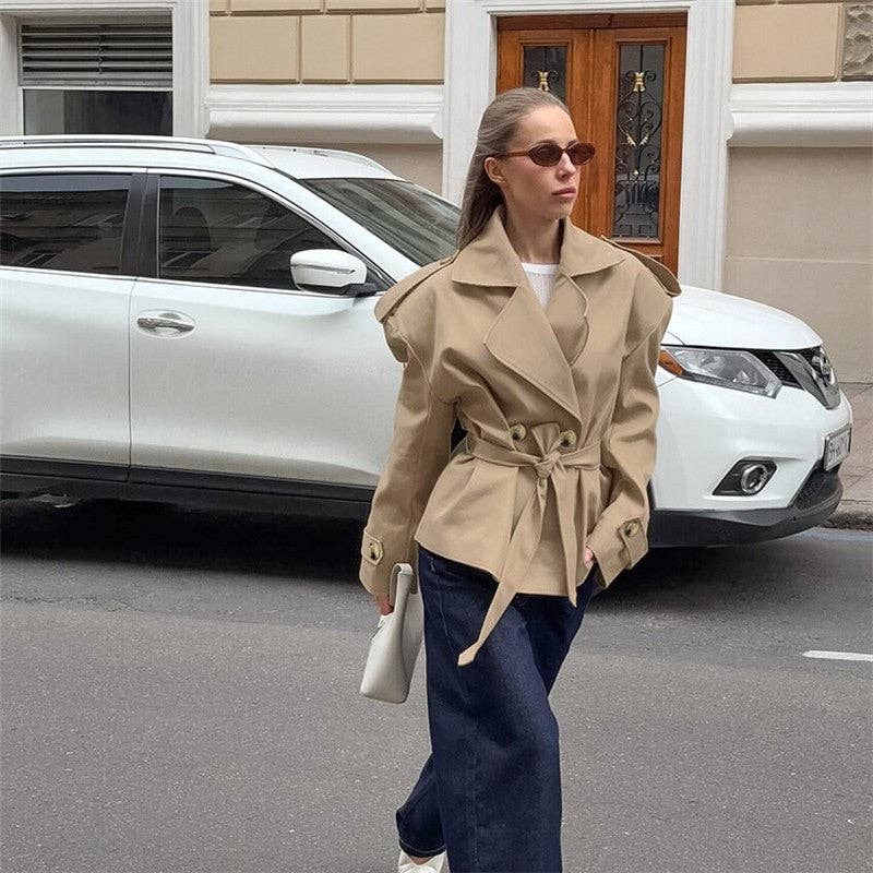 KHAKI Mid-Length Sleeve Lapel Tie-Waist Trench Coat for wholesale on Faire4