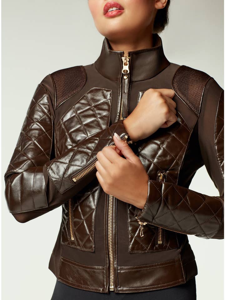 Java Leather Moto Mesh Jacket - Brown/Gold Trims for wholesale on Faire3