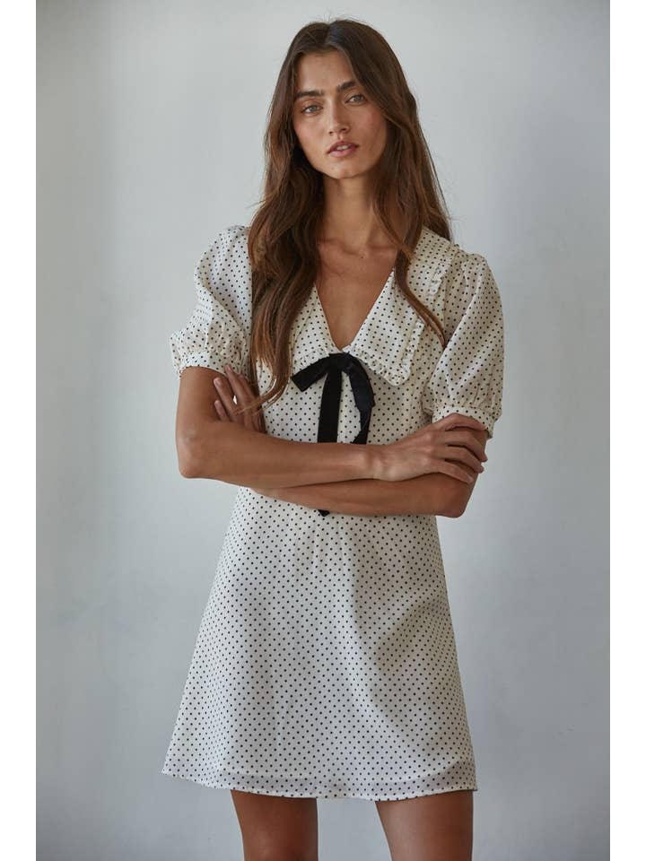 Cream L8821 | Woven Polyester Chiffon Swiss Dot Print Mini Dress for wholesale on Faire