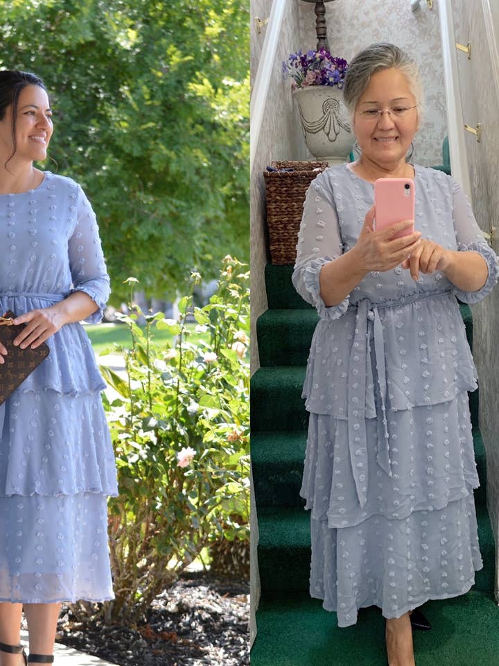 Robe volantée Swissdot bleu gris Madrid pour la vente par Skirt Society