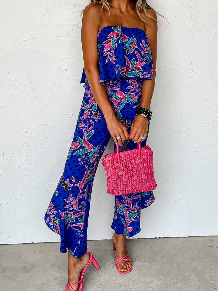 Blue Tropical Strapless Ruffle Jumpsuit for wholesale on Faire