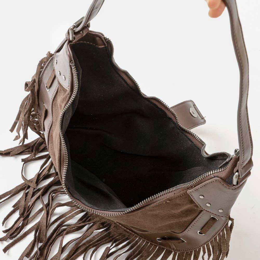 Collections by Fame Accessories - Wholesale Shoulder Bag - Women's - Leather Belt Decor Fringe Hobo Shoulder Bag2
