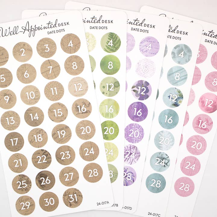 Feuille d'autocollants Date Dots (24-017) pour la vente par The Well-Appointed Desk