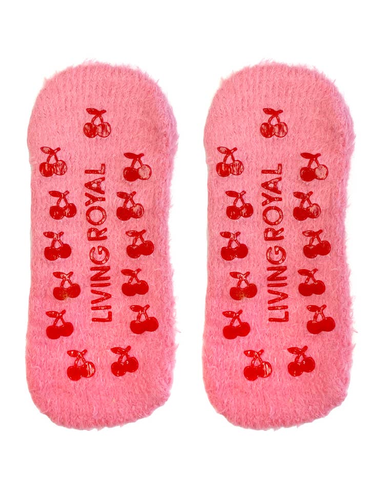 Living Royal - Wholesale Slippers - Women's - Fuzzy Slipper Socks - Funny Face Cherries - Pink