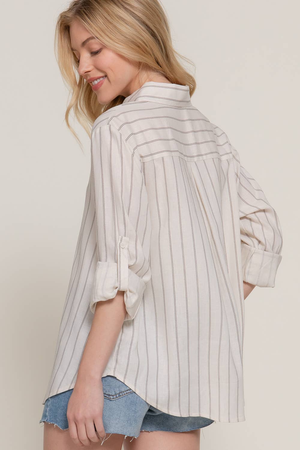 Active Basic | Active USA - Wholesale Button Down Shirt - Women's - Long Sleeve Button Down Stripe Linen Oversized Shirt15