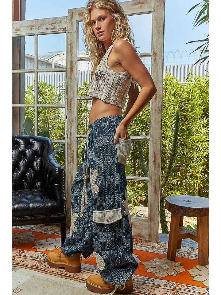 Pol Clothing - Wholesale Pants - Women's - Pleat Detail Floral Patchwork Cargo Pants14