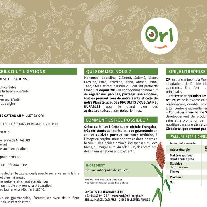 ORI SAS - Vente Farine sans gluten - Farine Intégrale Millet (Bio et sans gluten) - 500g1