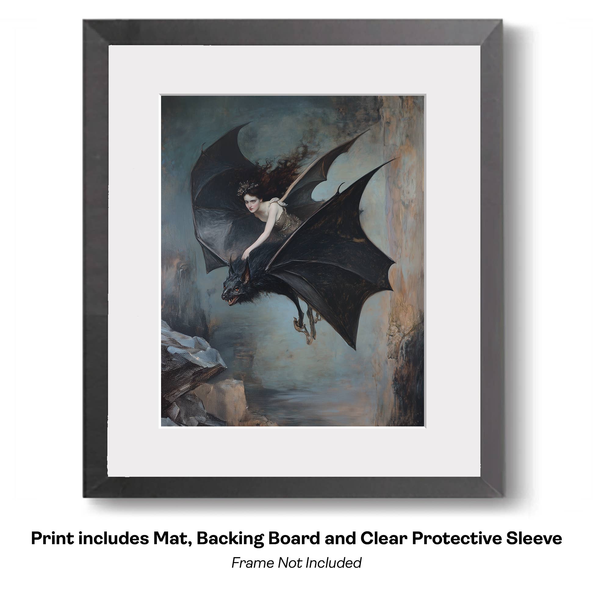 Mowbi - Wholesale Art Print - Goth Fairy Flying Through Canyons on Her Bat - Very Grim Fairytale Prints – 8″x10″ Artwork in 10″x12″ Mat1
