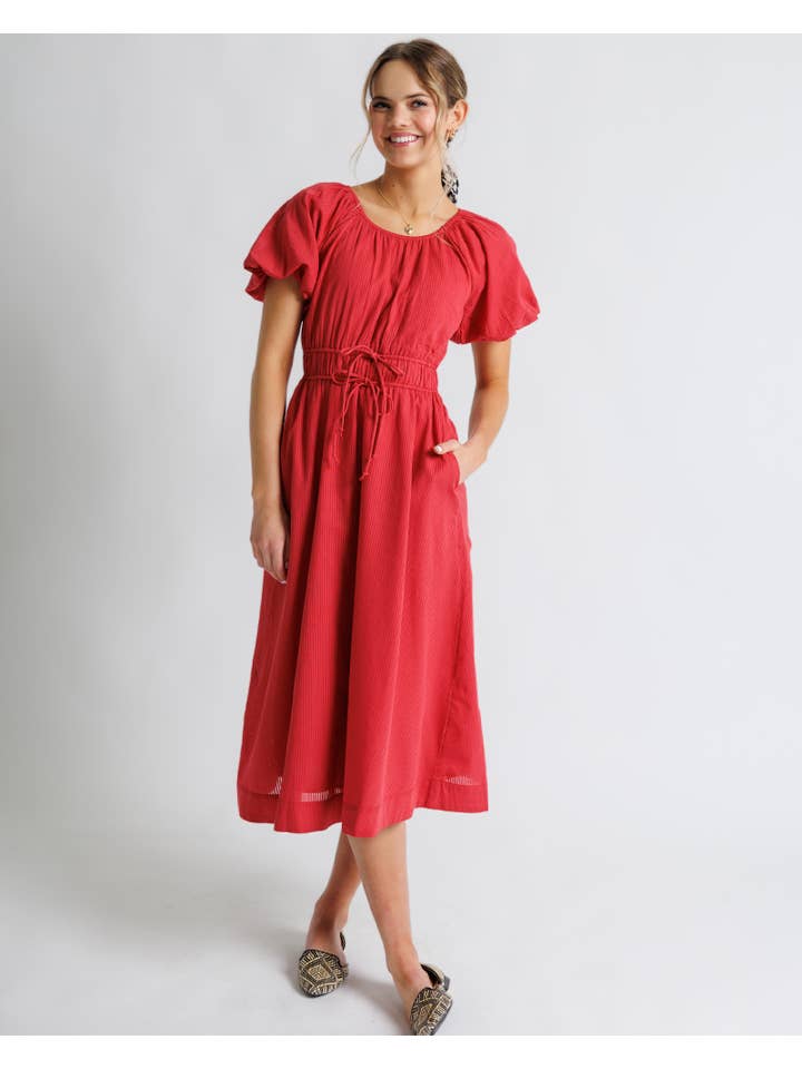 Chrysanthemum Miranda Red Short Sleeve Scoop Neck Midi Dress for wholesale on Faire
