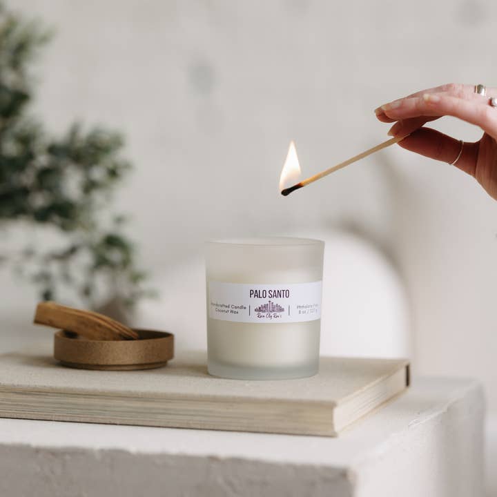 Rain City Rae's - Wholesale Jar/Filled Candle - Palo Santo 8 oz Frosted Candle | Smoky Warm + Sultry Scent