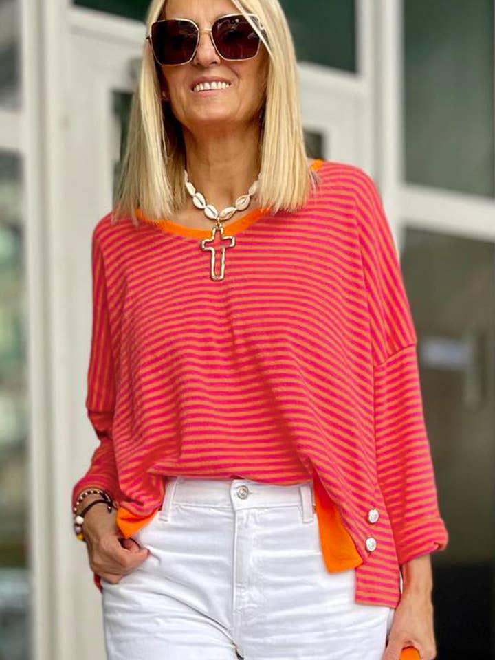Tomato Red Two Tone Striped Side Buttons Drop Shoulder Top for wholesale on Faire