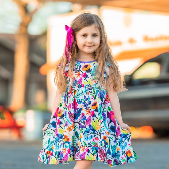 Girls White Winter Foliage Angel-Sleeve Dress for wholesale by Millie Loves Lily