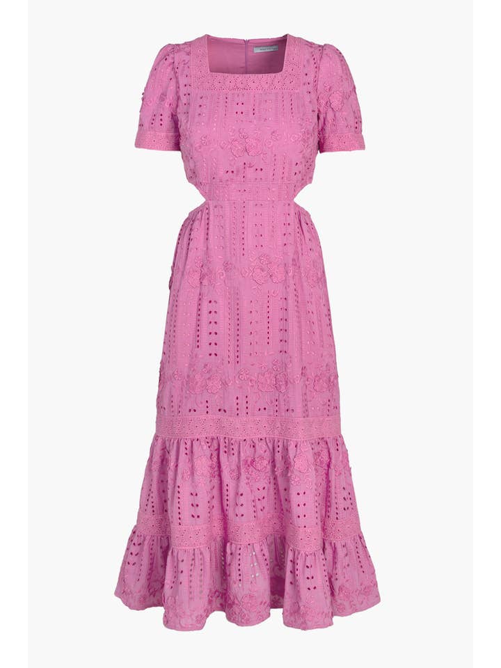 Sorbet Pink Katina Embroidered Cut Out Midi Dress for wholesale on Faire