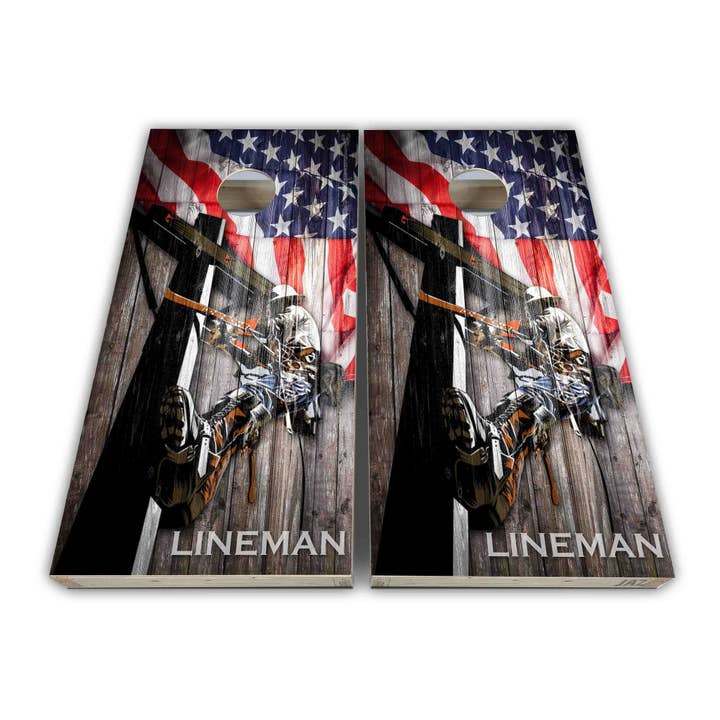 Lineman Flag Cornhole Wraps - Cornhole Wraps - Cornhole Skins - Enveloppe en vinyle - Ensemble laminé pour la vente par Cornhole Stop, LLC